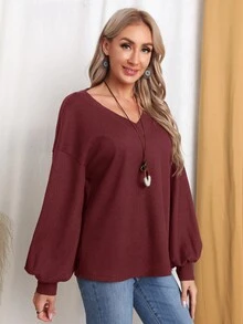 EMERY ROSE 素色V領燈籠袖T恤 - 酒紅色 - 查看 5