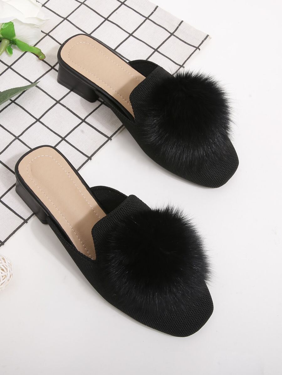 絨球裝飾穆勒鞋 - 黑色 - 查看 1