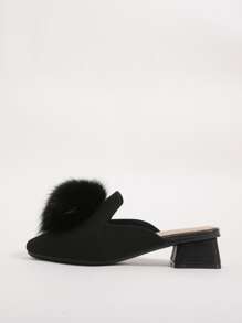 絨球裝飾穆勒鞋 - 黑色 - 查看 2