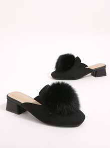 絨球裝飾穆勒鞋 - 黑色 - 查看 4