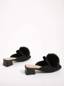 絨球裝飾穆勒鞋 - 黑色 - 查看 5