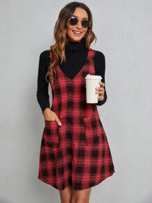 SHEIN LUNE Plaid Patched Pocket Overall Dress - Multicolor - View 1