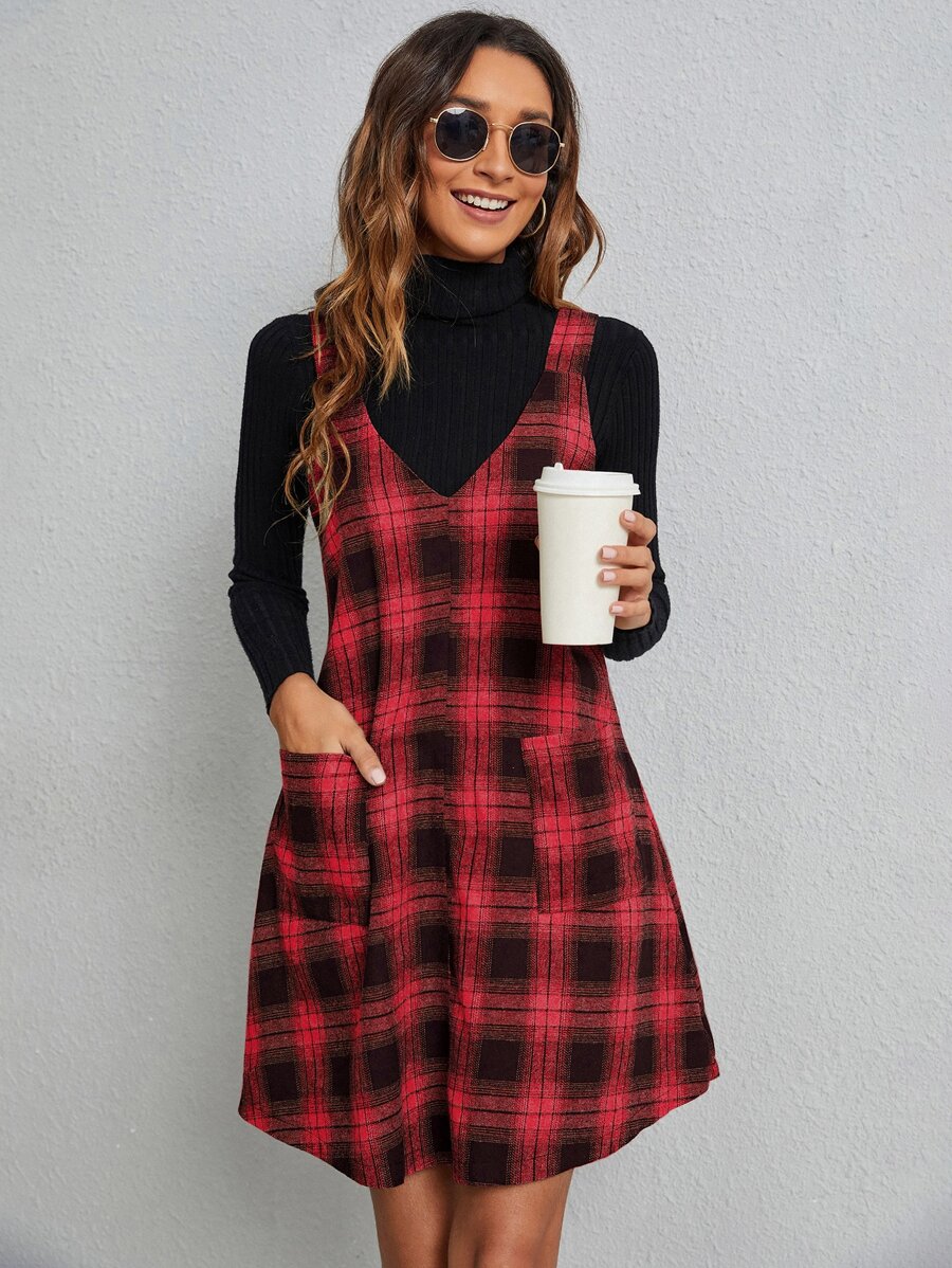 SHEIN LUNE Plaid Patched Pocket Overall Dress - Multicolor - View 1