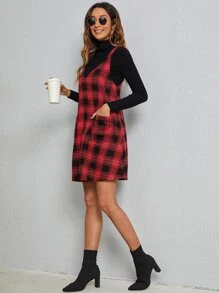 SHEIN LUNE Plaid Patched Pocket Overall Dress - Multicolor - View 3