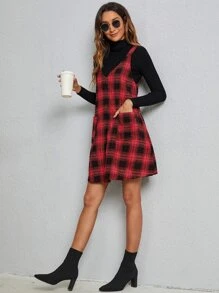 SHEIN LUNE Plaid Patched Pocket Overall Dress - Multicolor - View 4