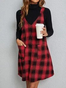 SHEIN LUNE Plaid Patched Pocket Overall Dress - Multicolor - View 5