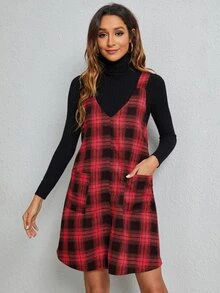 SHEIN LUNE Plaid Patched Pocket Overall Dress - Multicolor - View 6