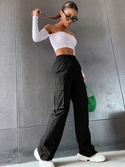 Hanevo Solid High Waist Flap Pocket Cargo Pants Fall Cloth For Women