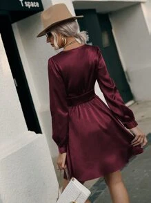 Satin Puff Sleeve Covered Button A-line Dress - Burgundy - View 2