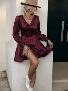 Satin Puff Sleeve Covered Button A-line Dress - Burgundy - View 3