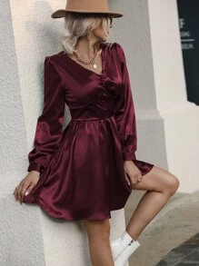 Satin Puff Sleeve Covered Button A-line Dress - Burgundy - View 5