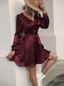 Satin Puff Sleeve Covered Button A-line Dress - Burgundy - View 6