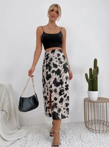 Chiquease Falda larga con abertura lateral y estampado de vaca para mujer - Multicolor - Ver 4