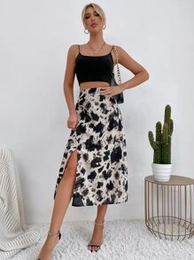 Chiquease Falda larga con abertura lateral y estampado de vaca para mujer - Multicolor - Ver 5