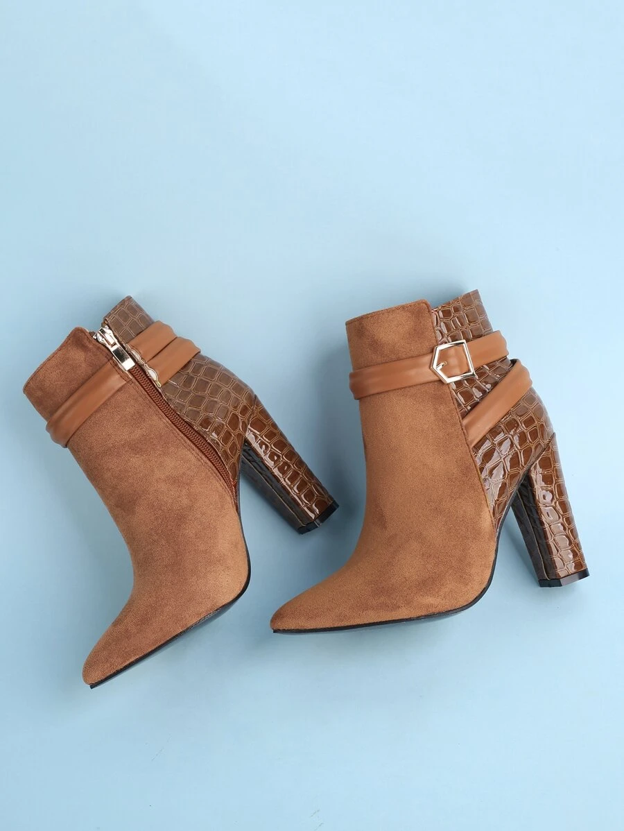 Botas con cocodrilo en relieve con hebilla con tacón grueso - Marrón - Ver 1