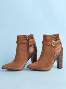 Botas con cocodrilo en relieve con hebilla con tacón grueso - Marrón - Ver 2