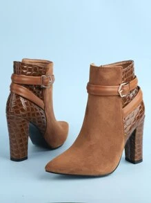 Botas con cocodrilo en relieve con hebilla con tacón grueso - Marrón - Ver 3