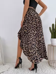 SHEIN LUNE Falda con estampado de leopardo irregular bajo con fruncido - Multicolor - Ver 2