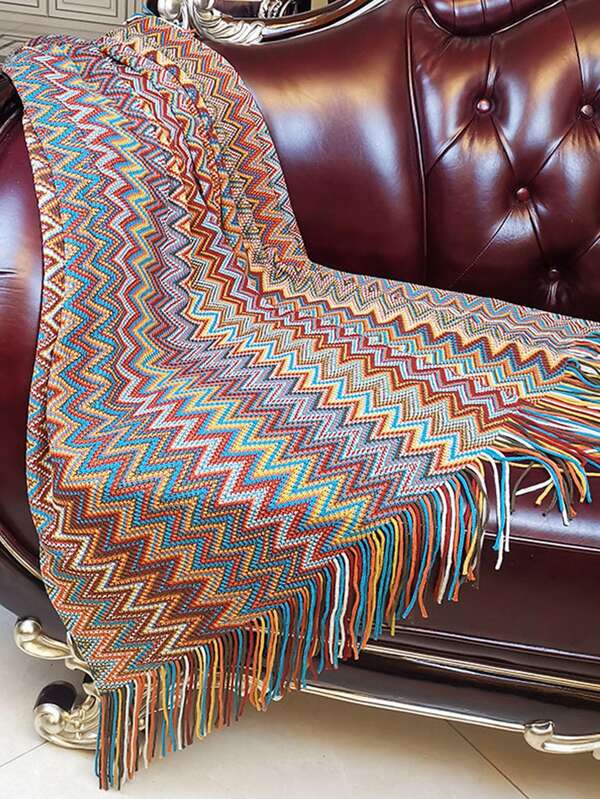Tassel Chevron Pattern Throw Blanket SHEIN USA