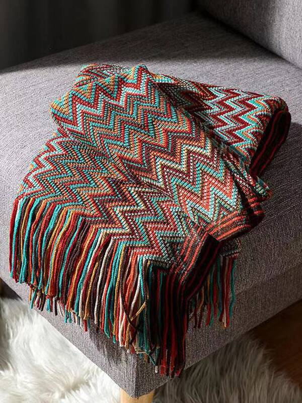 Tassel Chevron Pattern Throw Blanket SHEIN USA