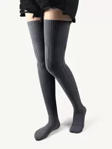 素色過膝襪 - 深灰色 - 查看 1