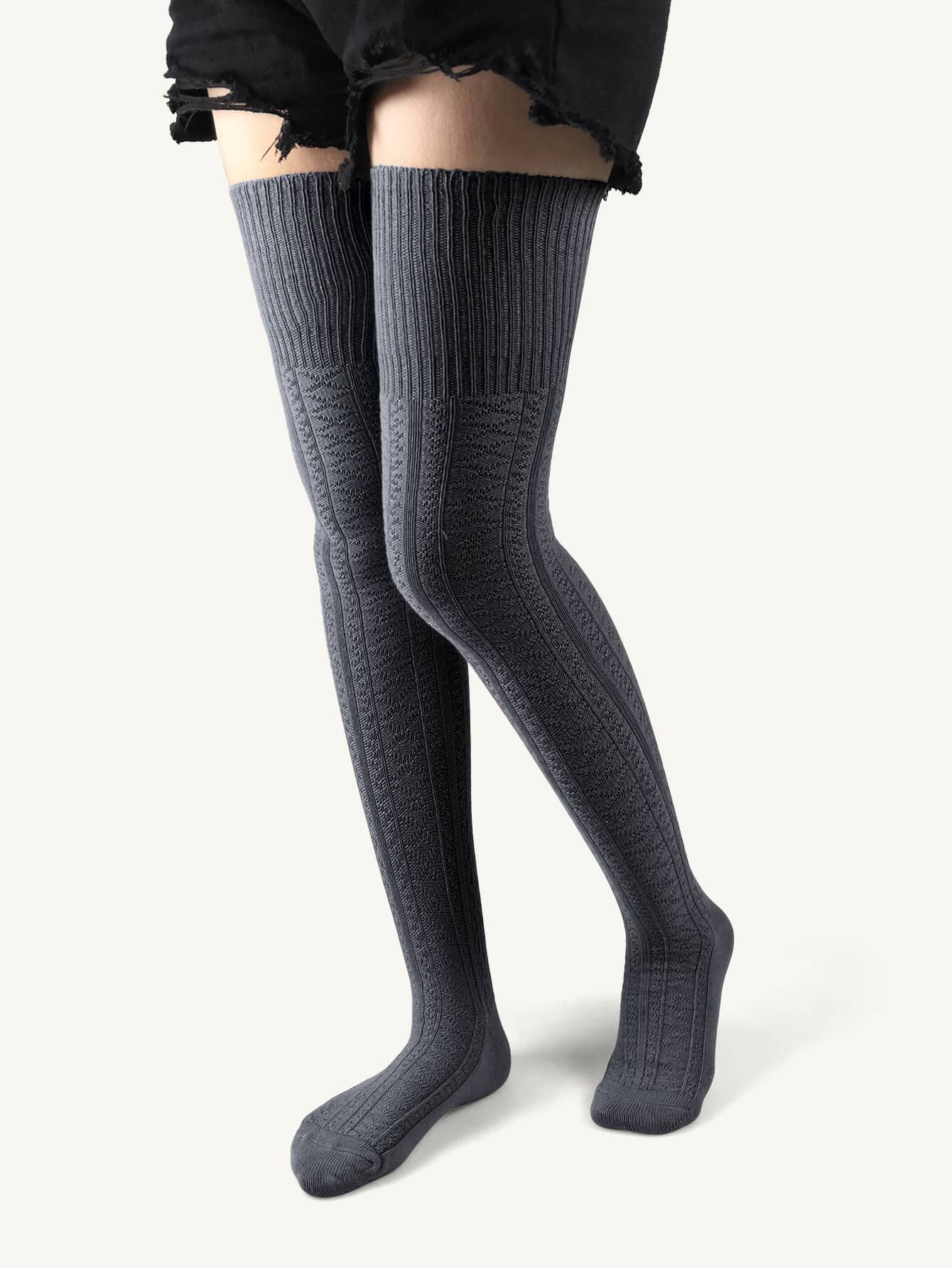 素色過膝襪 - 深灰色 - 查看 1