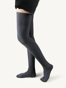 素色過膝襪 - 深灰色 - 查看 3