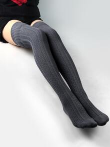素色過膝襪 - 深灰色 - 查看 5