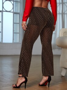 SHEIN SXY Plus Geo Pattern Panty Insert Mesh Flare Leg Pants - Gold - View 2