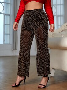 SHEIN SXY Plus Geo Pattern Panty Insert Mesh Flare Leg Pants - Gold - View 5