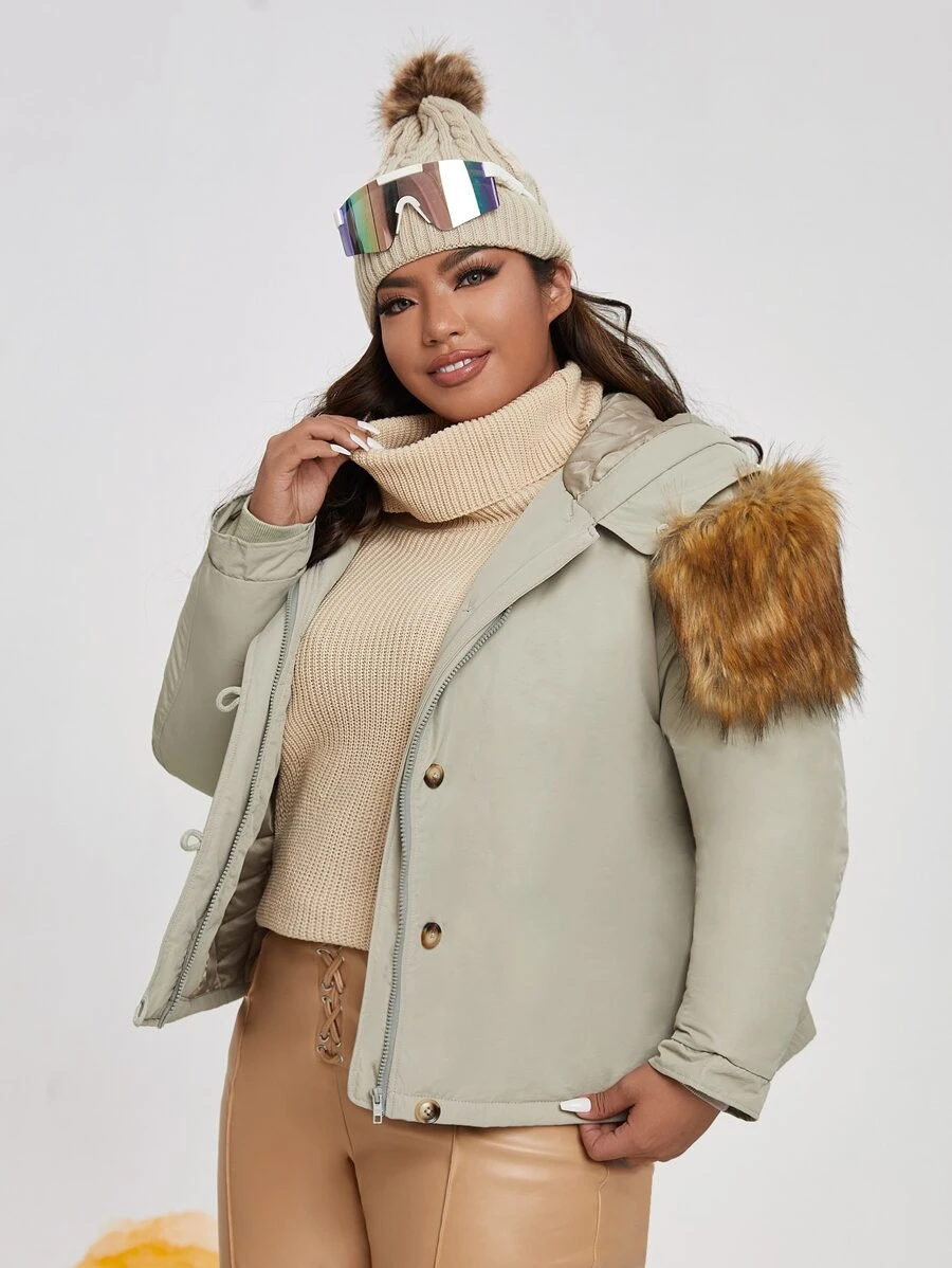 SHEIN EZwear Plus Size Fuzzy Detail Zipper Up Hooded Padded Coat - Mint Green - View 1