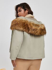 SHEIN EZwear Plus Size Fuzzy Detail Zipper Up Hooded Padded Coat - Mint Green - View 2