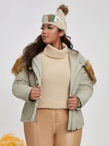 SHEIN EZwear Plus Size Fuzzy Detail Zipper Up Hooded Padded Coat - Mint Green - View 3