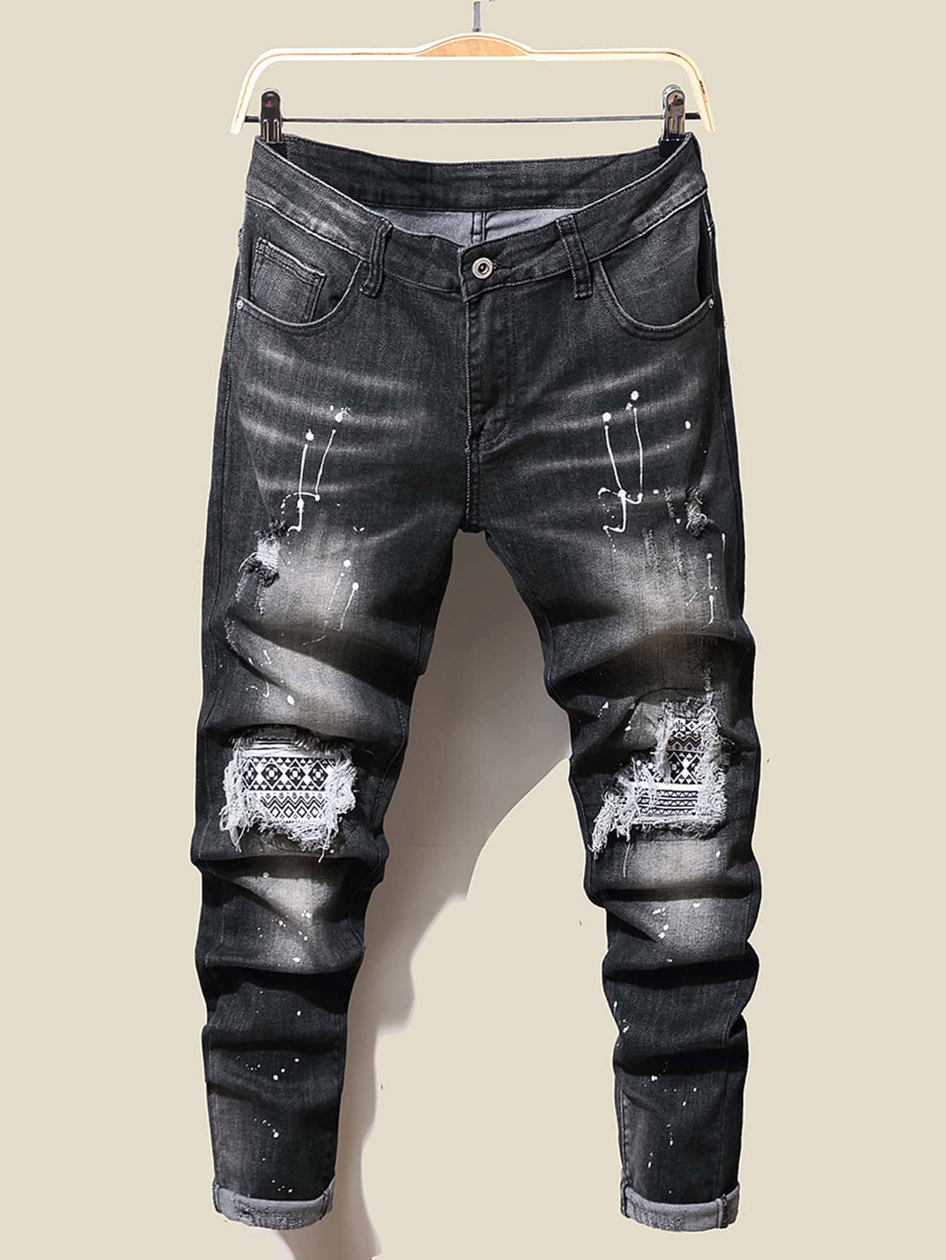 Manfinity Quần Jeans Nam Bị tách Hình học Đồ họa - Màu xám đen - Xem 1