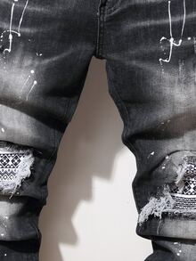 Manfinity Quần Jeans Nam Bị tách Hình học Đồ họa - Màu xám đen - Xem 3