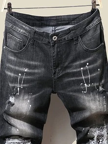 Manfinity Quần Jeans Nam Bị tách Hình học Đồ họa - Màu xám đen - Xem 5