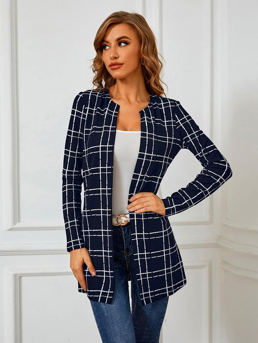 SHEIN Clasi Plaid Open Front Coat In Fall/Winter - Navy Blue - View 1