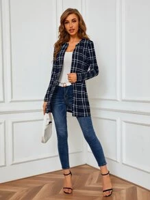 SHEIN Clasi Plaid Open Front Coat In Fall/Winter - Navy Blue - View 3