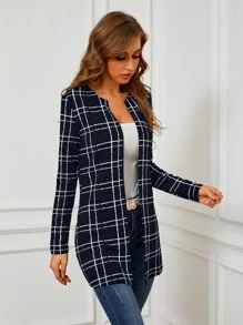 SHEIN Clasi Plaid Open Front Coat In Fall/Winter - Navy Blue - View 5