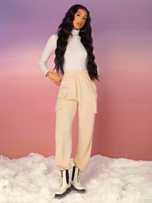 SHEIN 素色側口袋長褲 - 杏色 - 查看 3