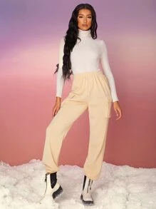 SHEIN 素色側口袋長褲 - 杏色 - 查看 4