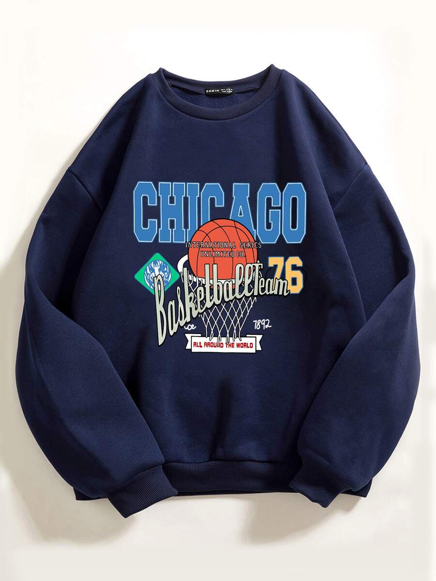 SHEIN Unity Baseball & Letter Print Round Neck Sweatshirt - Navy Blue - View 1