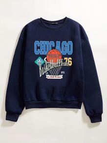 SHEIN Unity Baseball & Letter Print Round Neck Sweatshirt - Navy Blue - View 4