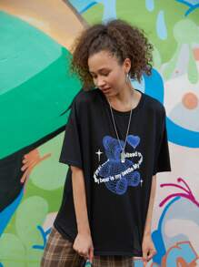 ROMWE Street Life Bear & Slogan Graphic Tee - Black - View 1