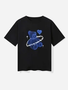 ROMWE Street Life Bear & Slogan Graphic Tee - Black - View 3