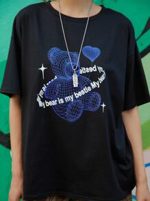 ROMWE Street Life Bear & Slogan Graphic Tee - Black - View 6