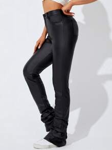 SHEIN Unity Women Casual Solid Color Slim Fit Flare Leg Pants - Black - View 2