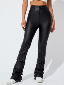 SHEIN Unity Women Casual Solid Color Slim Fit Flare Leg Pants - Black - View 3