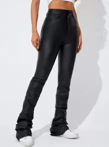 SHEIN Unity Women Casual Solid Color Slim Fit Flare Leg Pants - Black - View 4