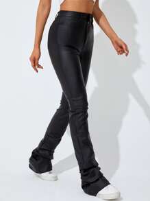 SHEIN Unity Women Casual Solid Color Slim Fit Flare Leg Pants - Black - View 5